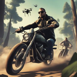 This 1500x1000 resolution image depicts cartel members on a motorcycle being pursued by a hacker with a drone through a muddy forest, capturing the thrilling essence of the video game GTA5