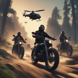 This 1500x1000 resolution image depicts cartel members on a motorcycle being pursued by a hacker with a drone through a muddy forest, capturing the thrilling essence of the video game GTA5