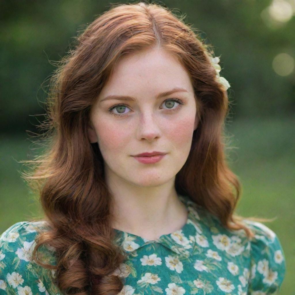 A close-up portrait of a young woman named Mary Jane, with auburn hair and green eyes, wearing a vintage floral dress