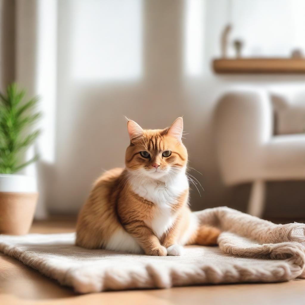 Generate an image of a cute, fluffy cat sitting comfortably in a well-lit, cozy room