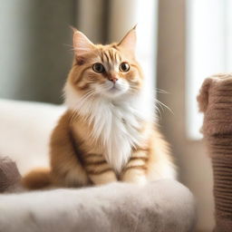 Generate an image of a cute, fluffy cat sitting comfortably in a well-lit, cozy room