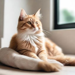 Generate an image of a cute, fluffy cat sitting comfortably in a well-lit, cozy room