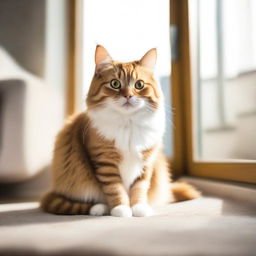 Generate an image of a cute, fluffy cat sitting comfortably in a well-lit, cozy room