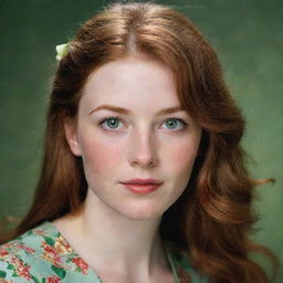 A close-up portrait of a young woman named Mary Jane, with auburn hair and green eyes, wearing a vintage floral dress