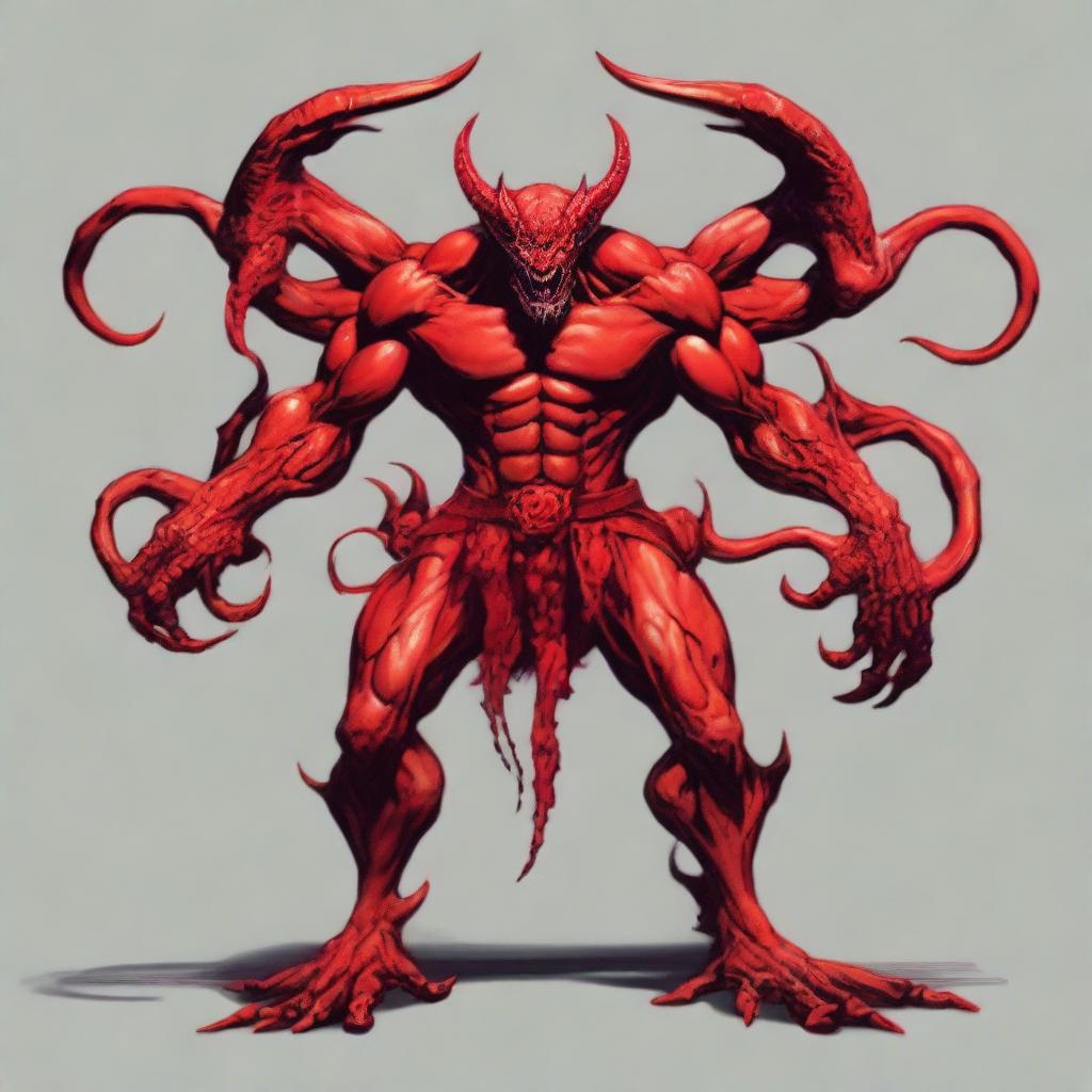 Generate an image of a six-armed demon with red scales