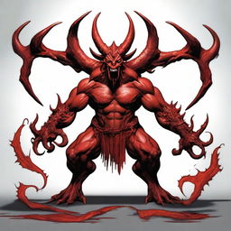 Generate an image of a six-armed demon with red scales