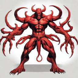 Generate an image of a six-armed demon with red scales