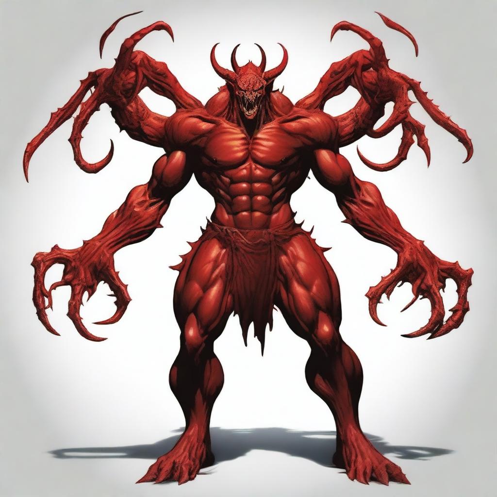 Generate an image of a six-armed demon with red scales