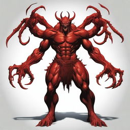 Generate an image of a six-armed demon with red scales