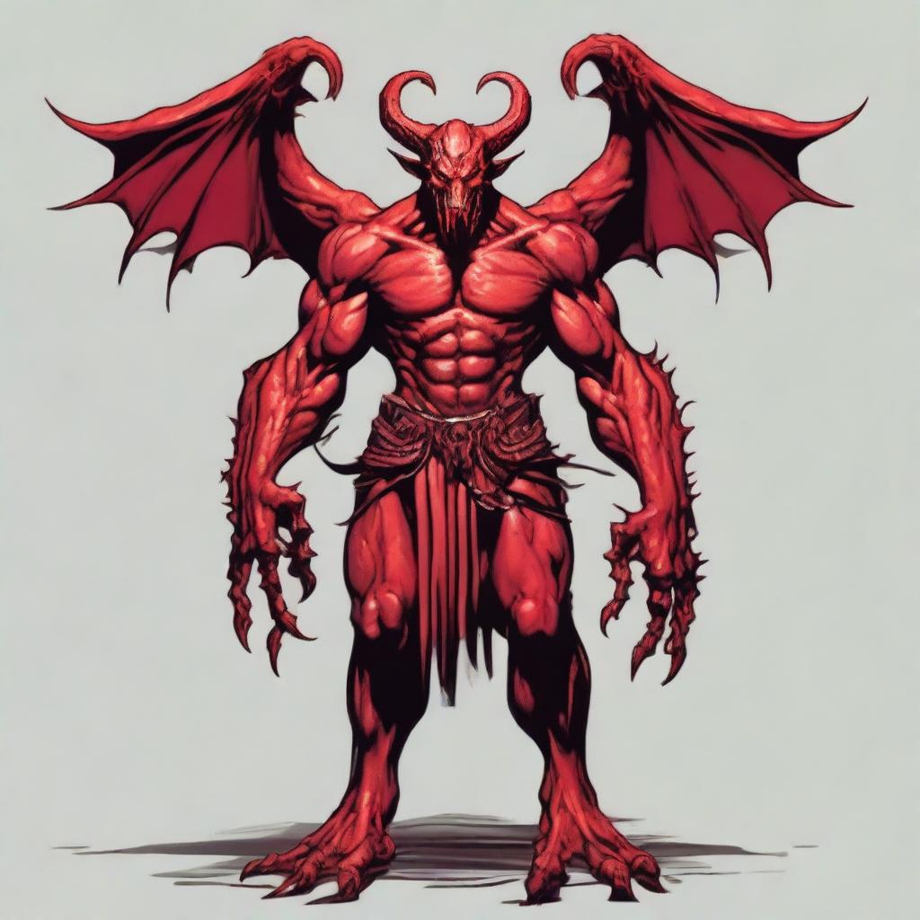 Generate an image of a six-armed demon with red scales in the art style of Dungeons and Dragons