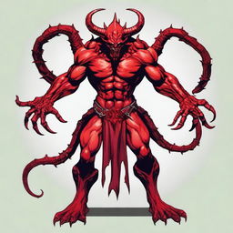 Generate an image of a six-armed demon with red scales in the art style of Dungeons and Dragons