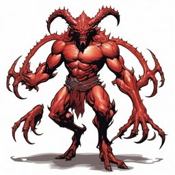 Generate an image of a six-armed demon with red scales in the art style of Dungeons and Dragons