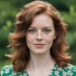 A close-up portrait of a young woman named Mary Jane, with auburn hair and green eyes, wearing a vintage floral dress