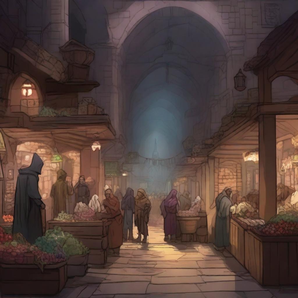 Generate an image of an underground market in the art style of Dungeons and Dragons