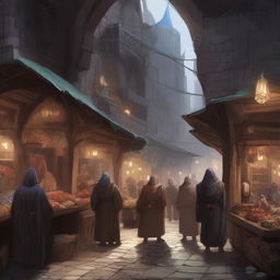 Generate an image of an underground market in the art style of Dungeons and Dragons