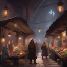 Generate an image of an underground market in the art style of Dungeons and Dragons