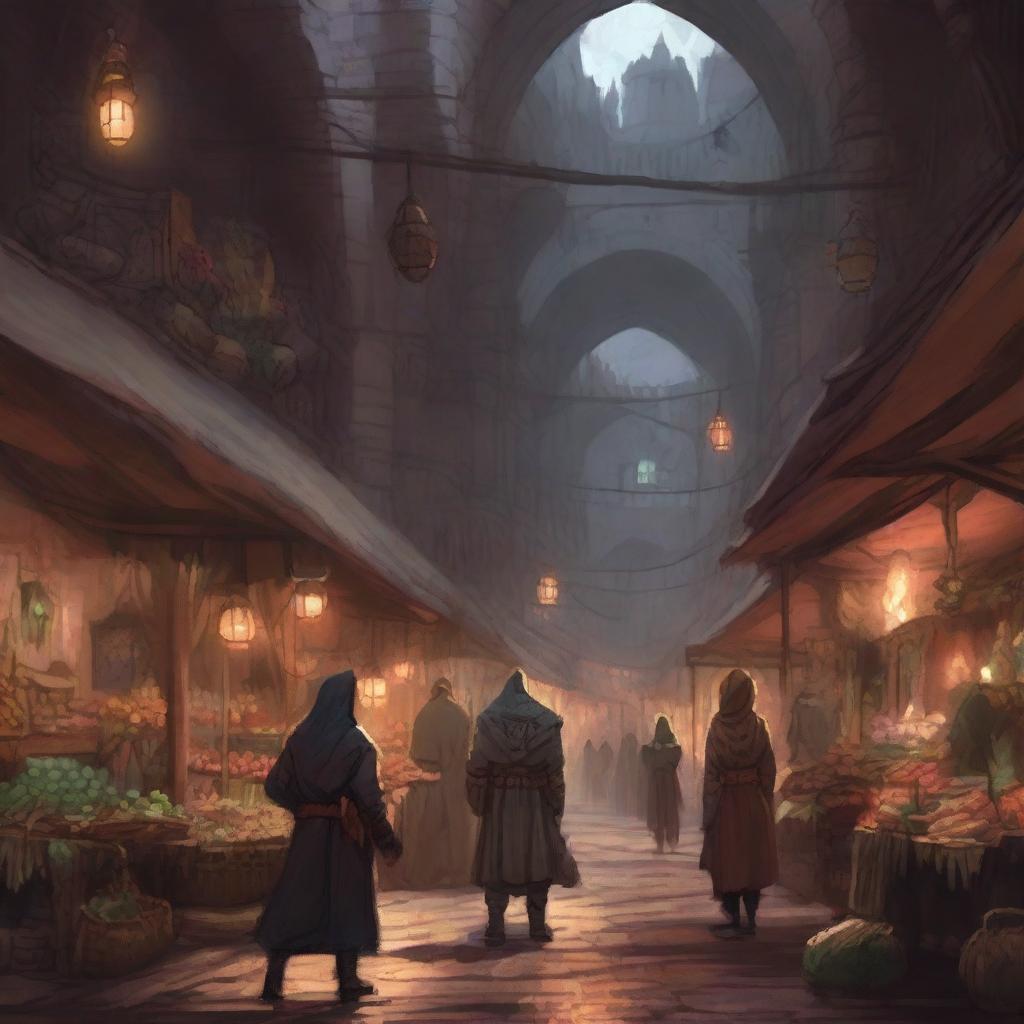 Generate an image of a deep underground market in the art style of Dungeons and Dragons