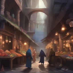 Generate an image of a deep underground market in the art style of Dungeons and Dragons