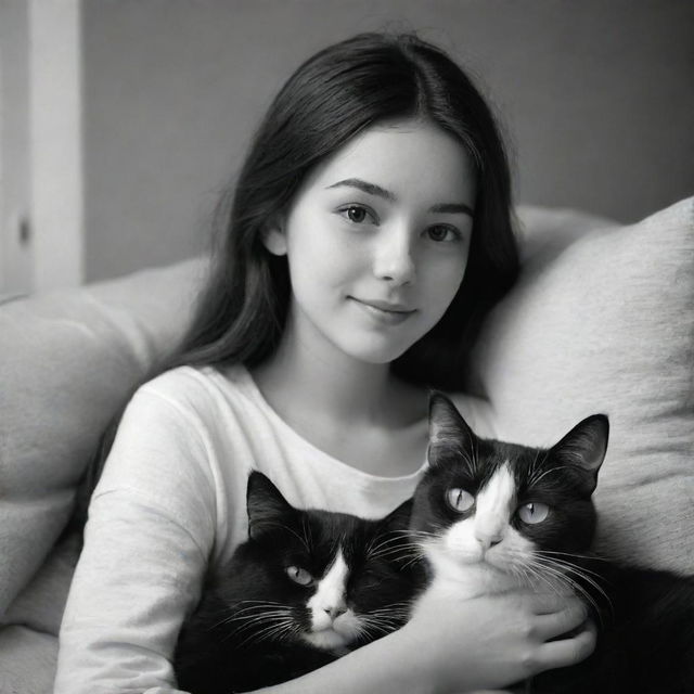 A brunette girl cozied up with her black and white cat, in a heartwarming scene inspired by Disney Pixar's art style. Capture this in a 16:9 resolution.