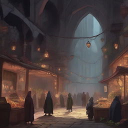 Generate an image of a deep underground market in the art style of Dungeons and Dragons