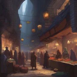 Generate an image of a deep underground market in the art style of Dungeons and Dragons