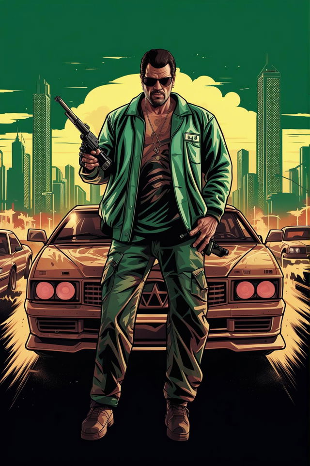 This is a request to generate an image that resembles a poster for the Grand Theft Auto video game series, featuring cars, city skylines, and game characters