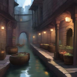 Generate an image of a sewer market in the art style of Dungeons and Dragons