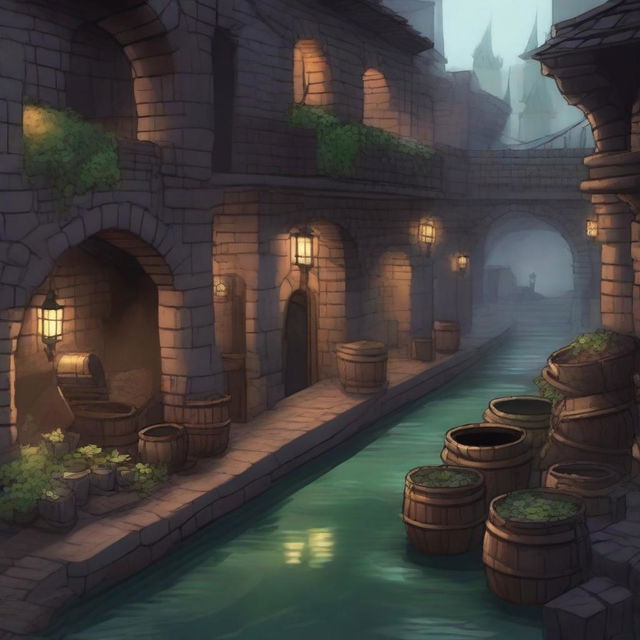 Generate an image of a sewer market in the art style of Dungeons and Dragons