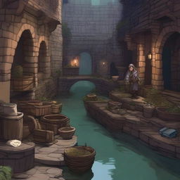 Generate an image of a sewer market in the art style of Dungeons and Dragons