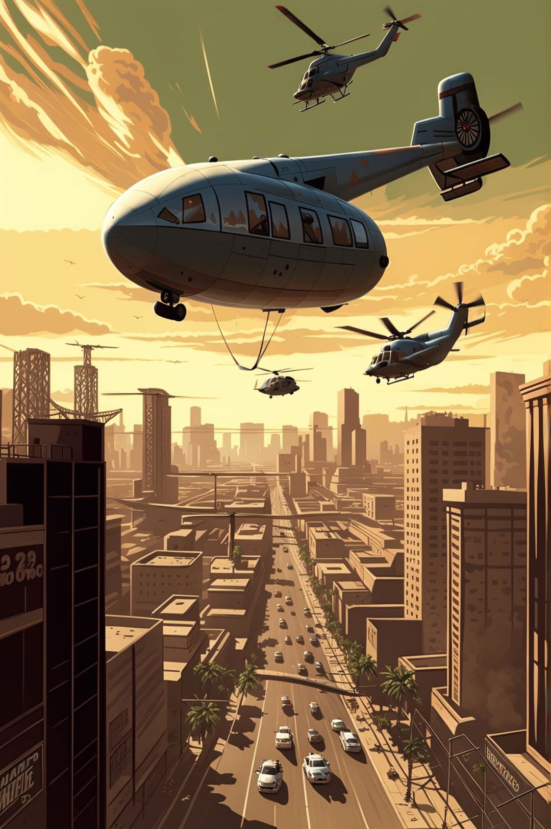 This is a request to generate an image that resembles a poster for the Grand Theft Auto video game series, featuring a blimp, two helicopters, and characters from the game