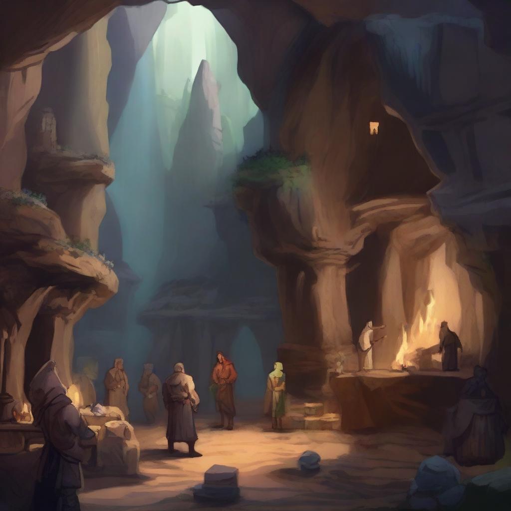 Generate an image of a cave market in the art style of Dungeons and Dragons