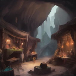 Generate an image of a cave market in the art style of Dungeons and Dragons