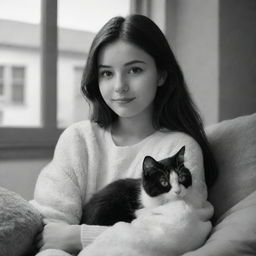 A brunette girl cozied up with her black and white cat, in a heartwarming scene inspired by Disney Pixar's art style. Capture this in a 16:9 resolution.