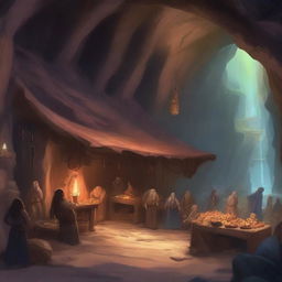 Generate an image of a cave market in the art style of Dungeons and Dragons