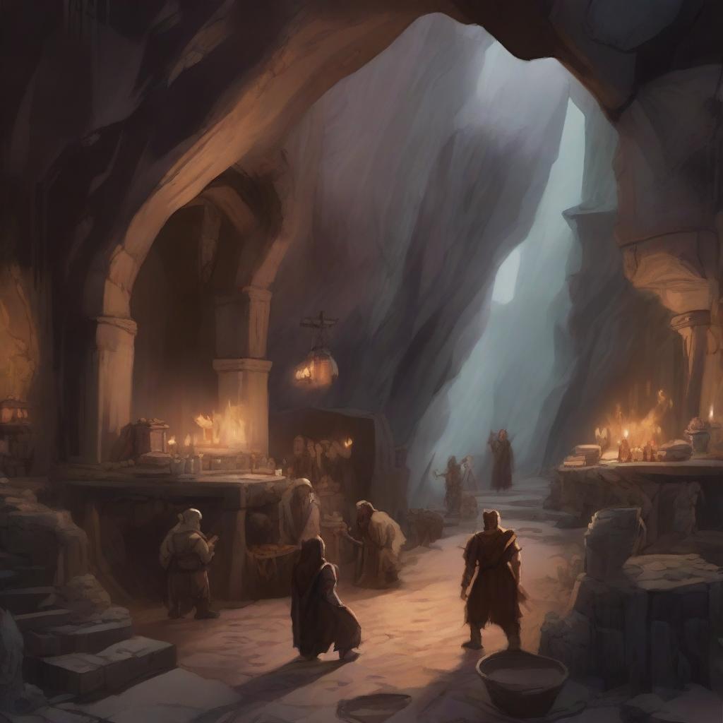 Generate an image of a cave market in the art style of Dungeons and Dragons