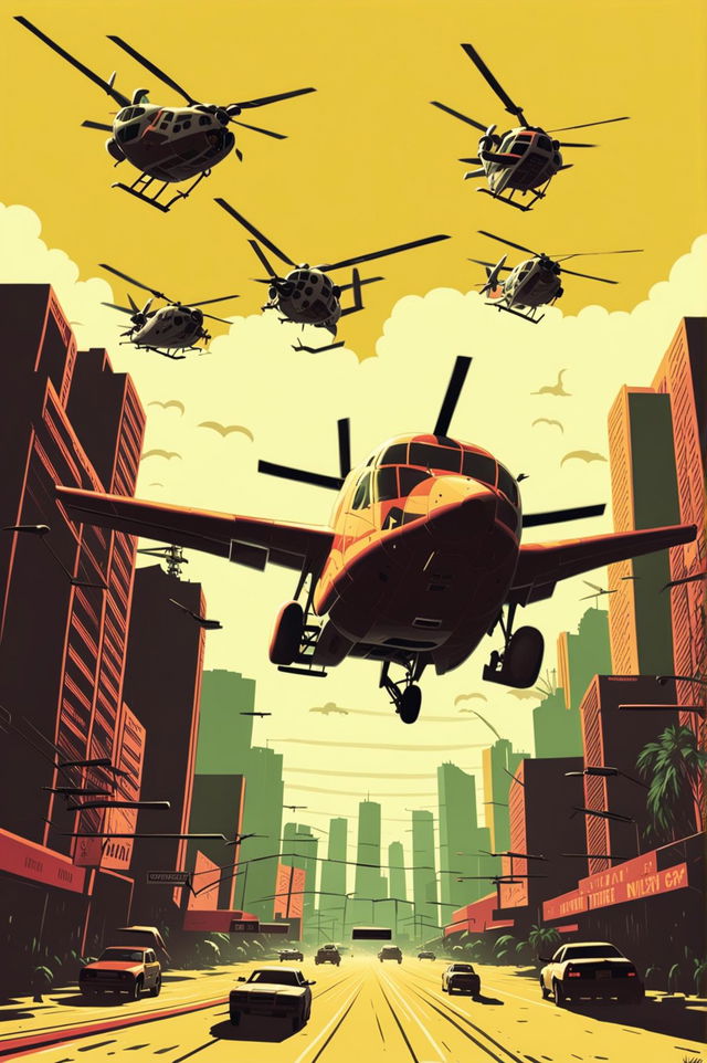 This is a request to generate an image that resembles a poster for the Grand Theft Auto video game series, featuring an air cargo plane, two helicopters, and characters from the game