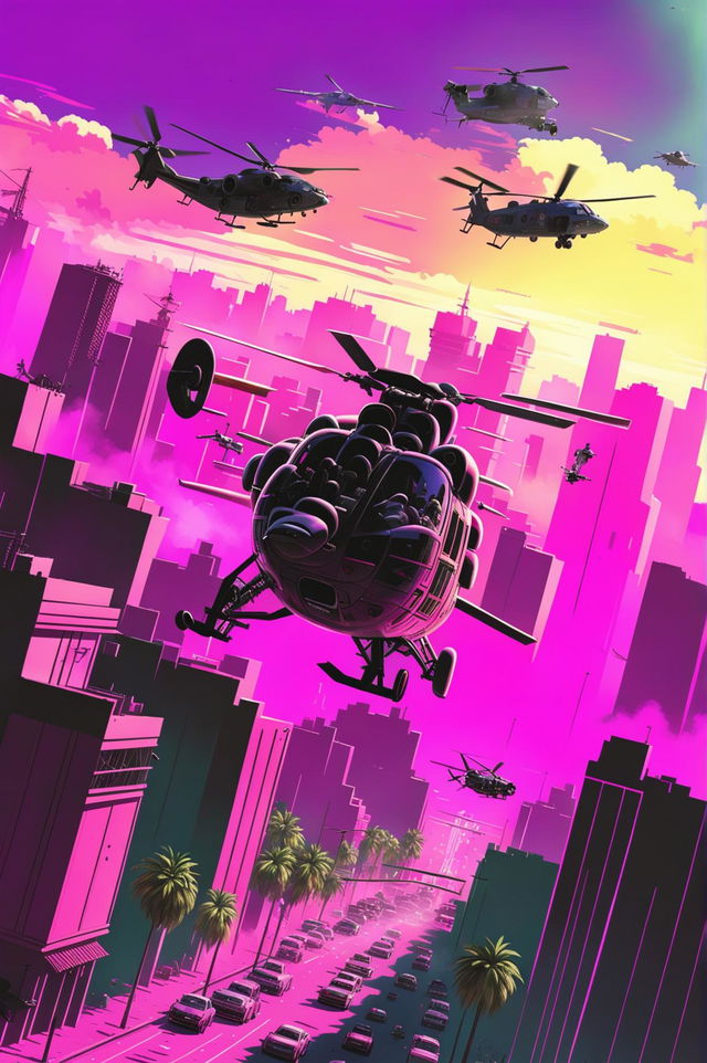 This is a request to generate a vibrant, high-definition image that resembles a poster for the Grand Theft Auto video game series, featuring a helicopter, cityscape, and characters from the game, with noticeable pink accents