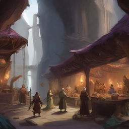 Generate an image of a bustling cave market in the art style of Dungeons and Dragons