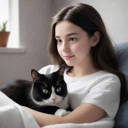 A brunette girl cozied up with her black and white cat, in a heartwarming scene inspired by Disney Pixar's art style. Capture this in a 16:9 resolution.