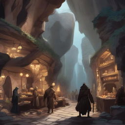 Generate an image of a bustling cave market in the art style of Dungeons and Dragons