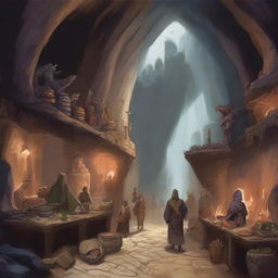 Generate an image of a bustling cave market in the art style of Dungeons and Dragons