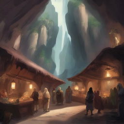 Generate an image of a bustling cave market in the art style of Dungeons and Dragons