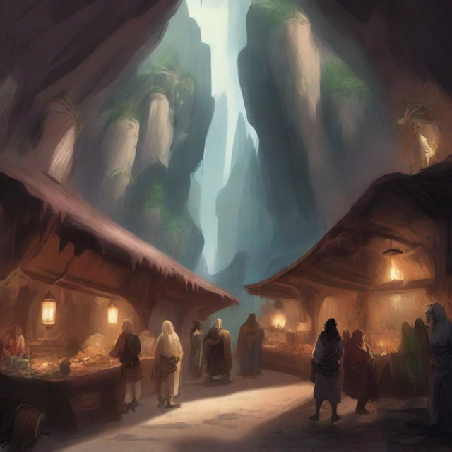 Generate an image of a bustling cave market in the art style of Dungeons and Dragons