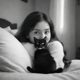 A brunette girl cozied up with her black and white cat, in a heartwarming scene inspired by Disney Pixar's art style. Capture this in a 16:9 resolution.