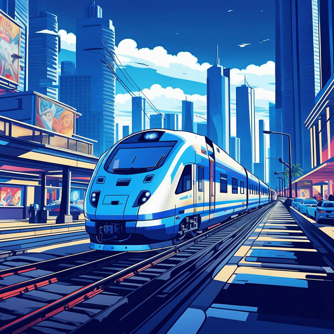 An image of a TGV train speeding on tracks within the cityscape of Grand Theft Auto, combining the realistic design of the train with the stylized environment of the game