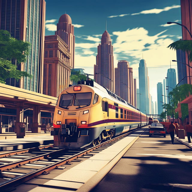 An image of a Sud-Est train running on tracks within the cityscape of Grand Theft Auto, integrating the realistic design of the train with the stylized environment of the game