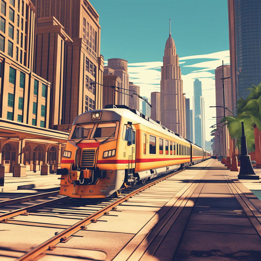 An image of a Sud-Est train running on tracks within the cityscape of Grand Theft Auto, integrating the realistic design of the train with the stylized environment of the game