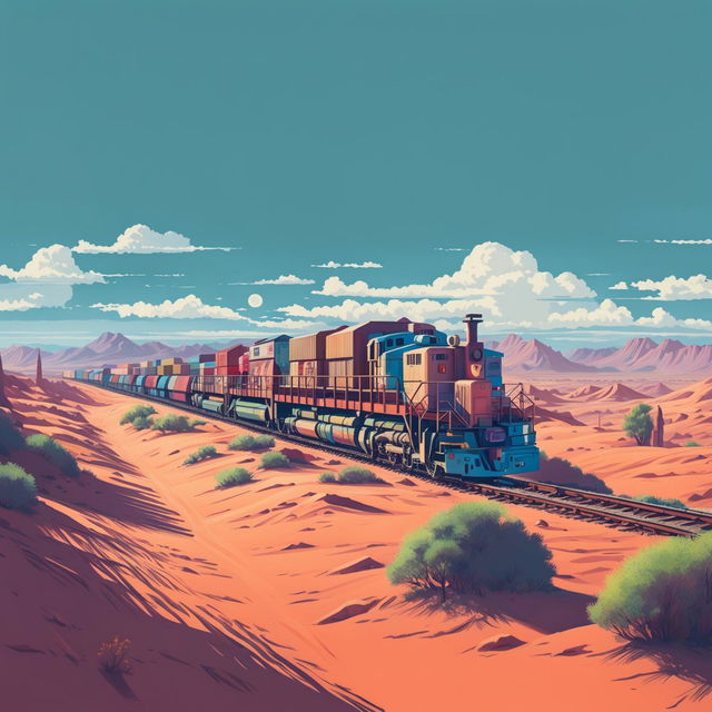 An image of a freight train passing through a vast desert, in the style of Grand Theft Auto