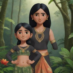 An animated depiction of two girls: The first an athletic girl with black hair in a gym suit displayed in a detailed full body closeup shot in the jungle. The second a cute girl with black hair wearing a traditional Indian saree.