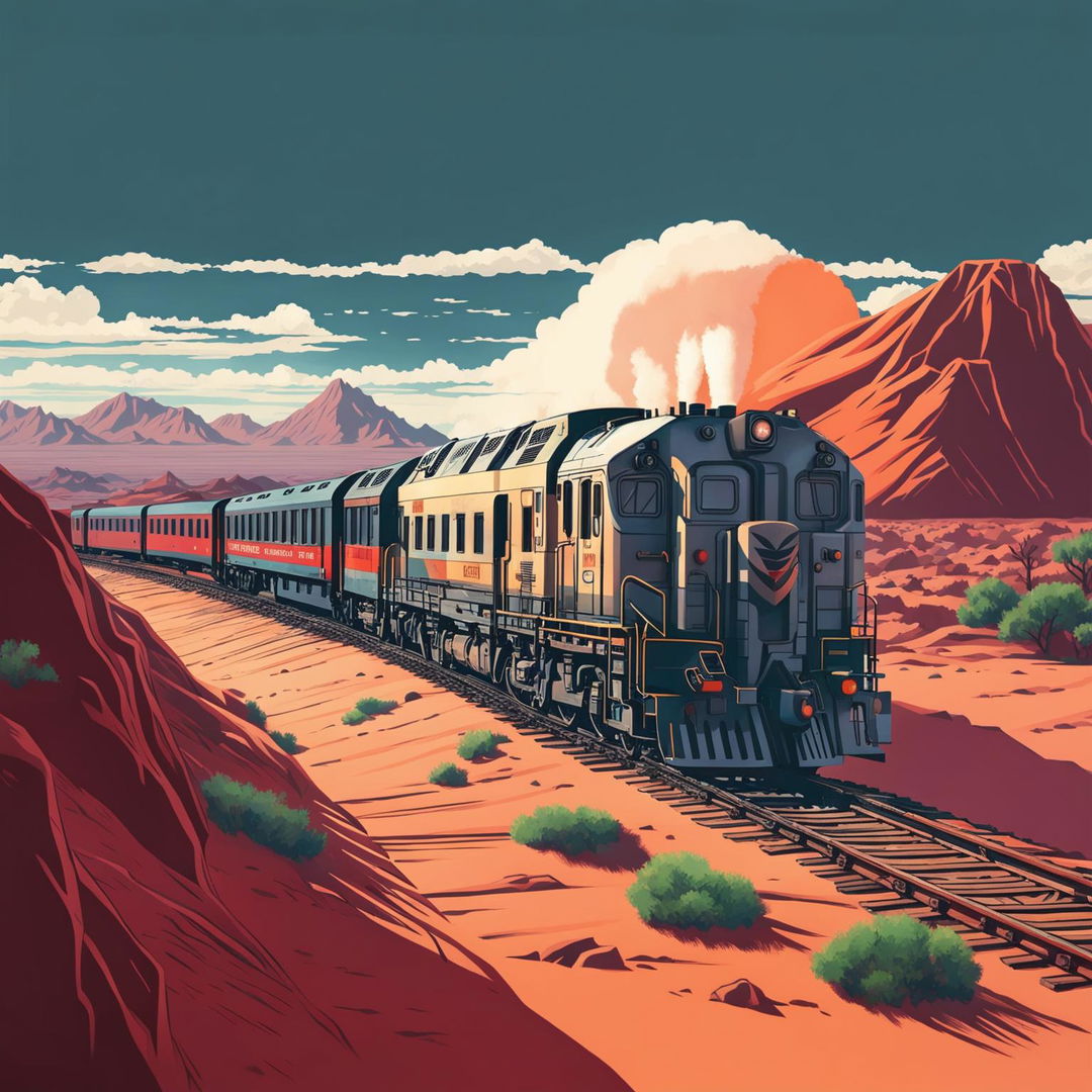 An image of a train passing through a vast desert, in the style of Grand Theft Auto